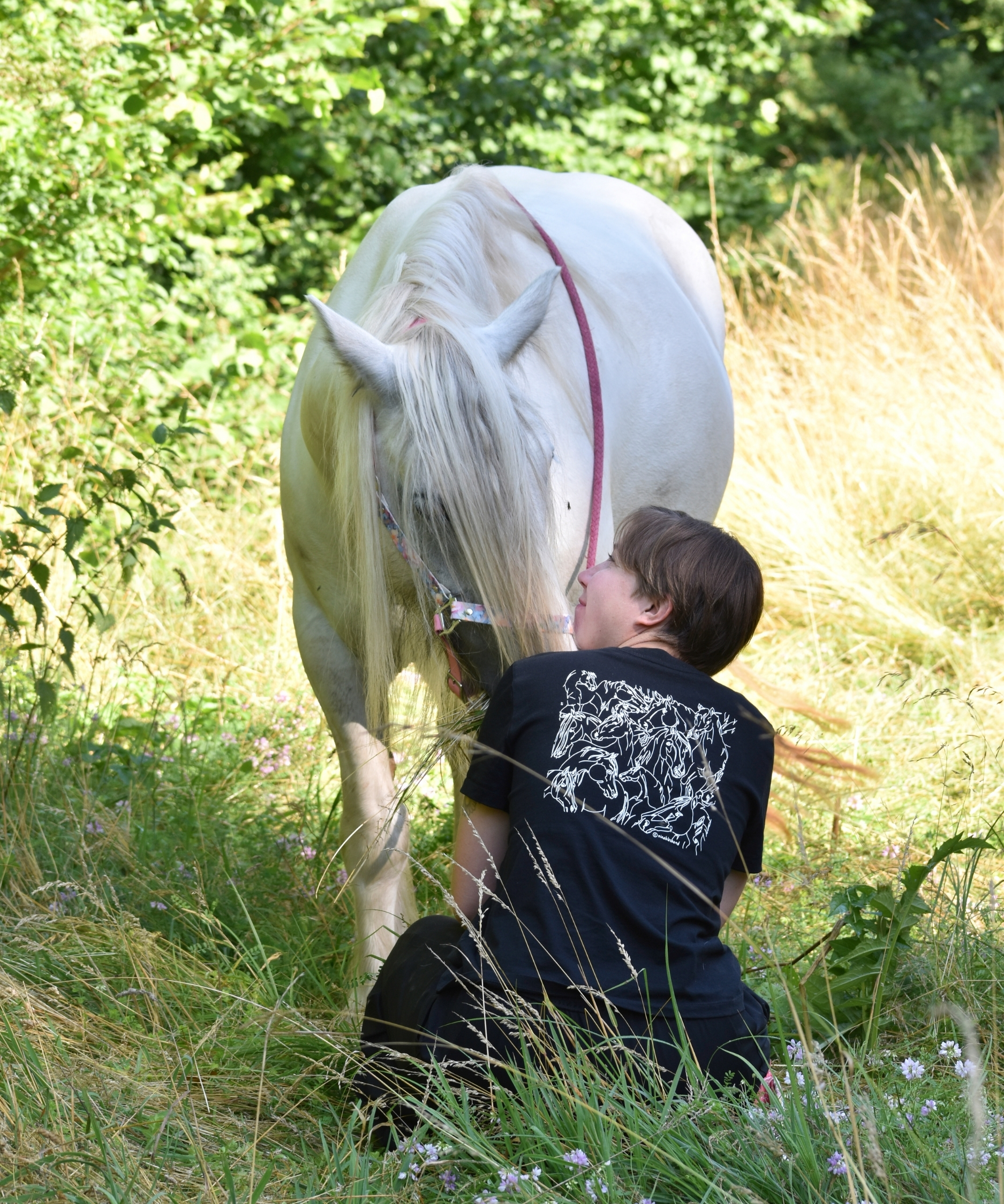 t-shirt d'équitation noir avec un message engagé pour le bien-être équin porté par une cavalière qui pose avec son irish cob gris