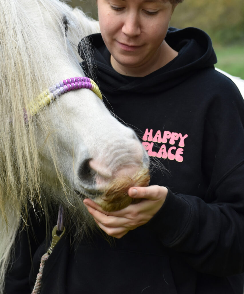 pull d'équitation en coton bio noir avec un message sur l'amour des chevaux et le nez moustachu d'une jument irish cob grise et son licol éthologique violet