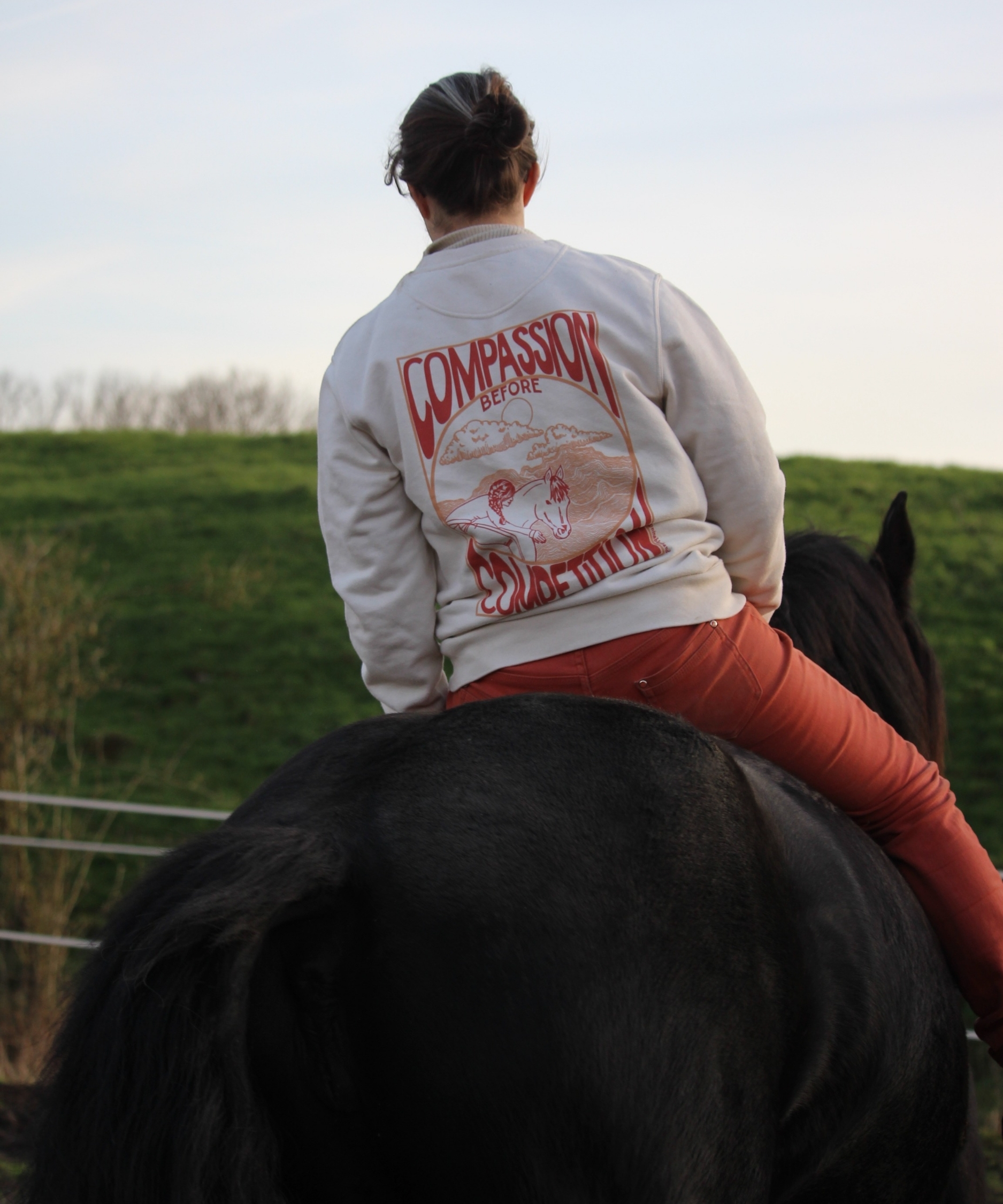 pull équestre en coton biologique avec une illustration de cavalière en liberté porté par une cavalière à cheval en liberté sur un frison