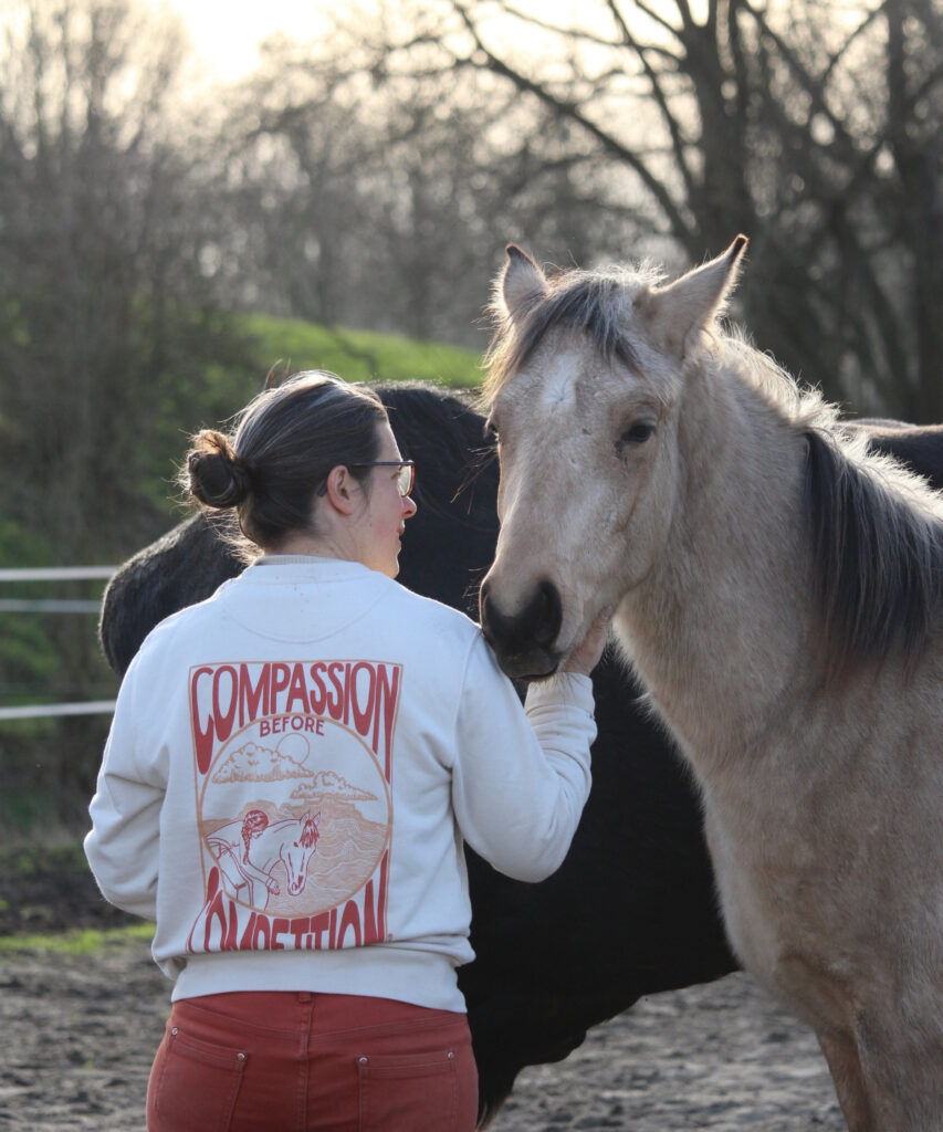 cavalière qui travaille à pied et gratouille le menton de son poulain isabelle en portant son crewneck d'équitation en coton biologique avec une illustration de cavalière en liberté