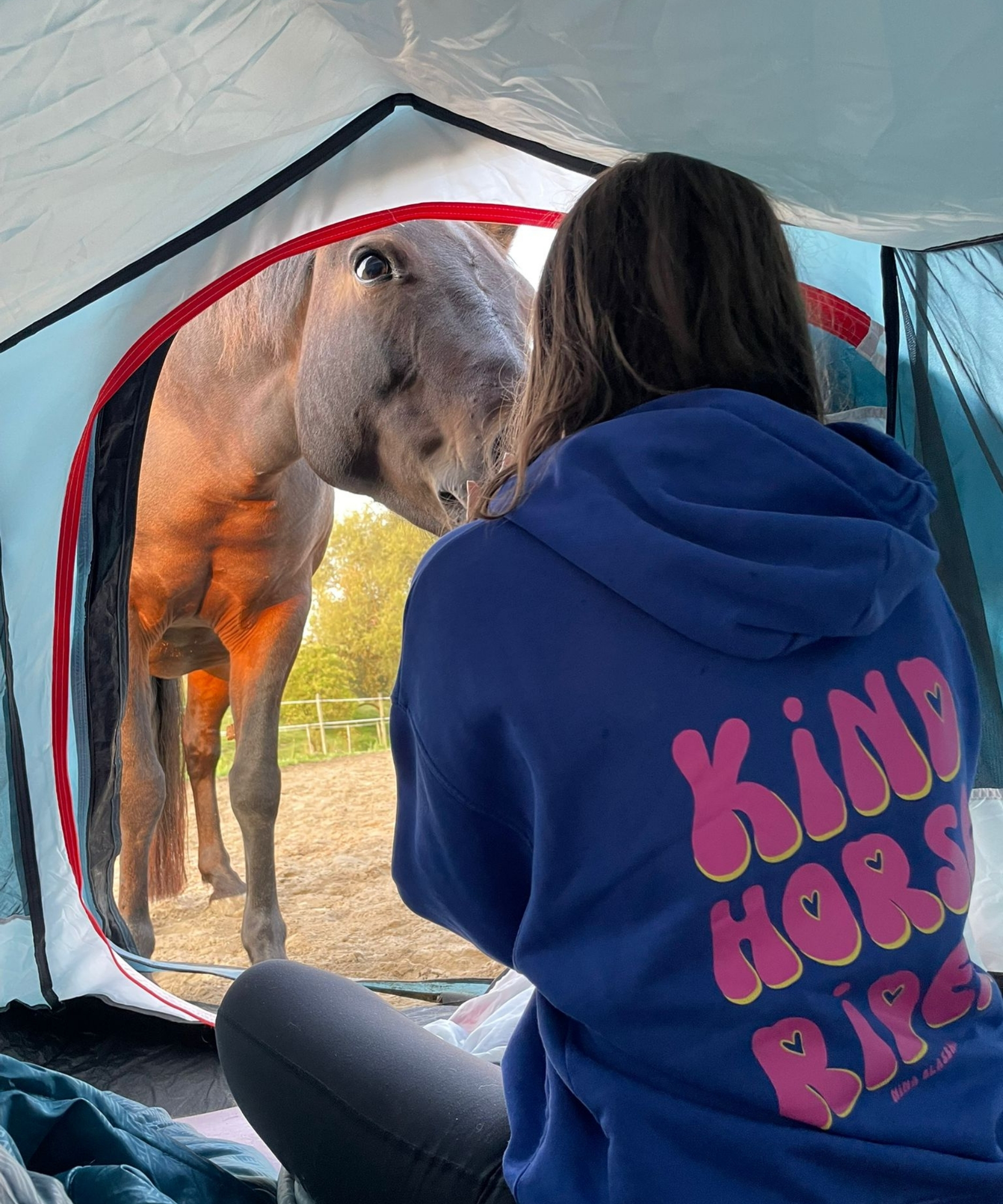 pull à capuche bleu électrique avec une inscription d'équitation dans le dos porté par une cavalière qui campe à l'écurie et voit les chevaux à son réveil